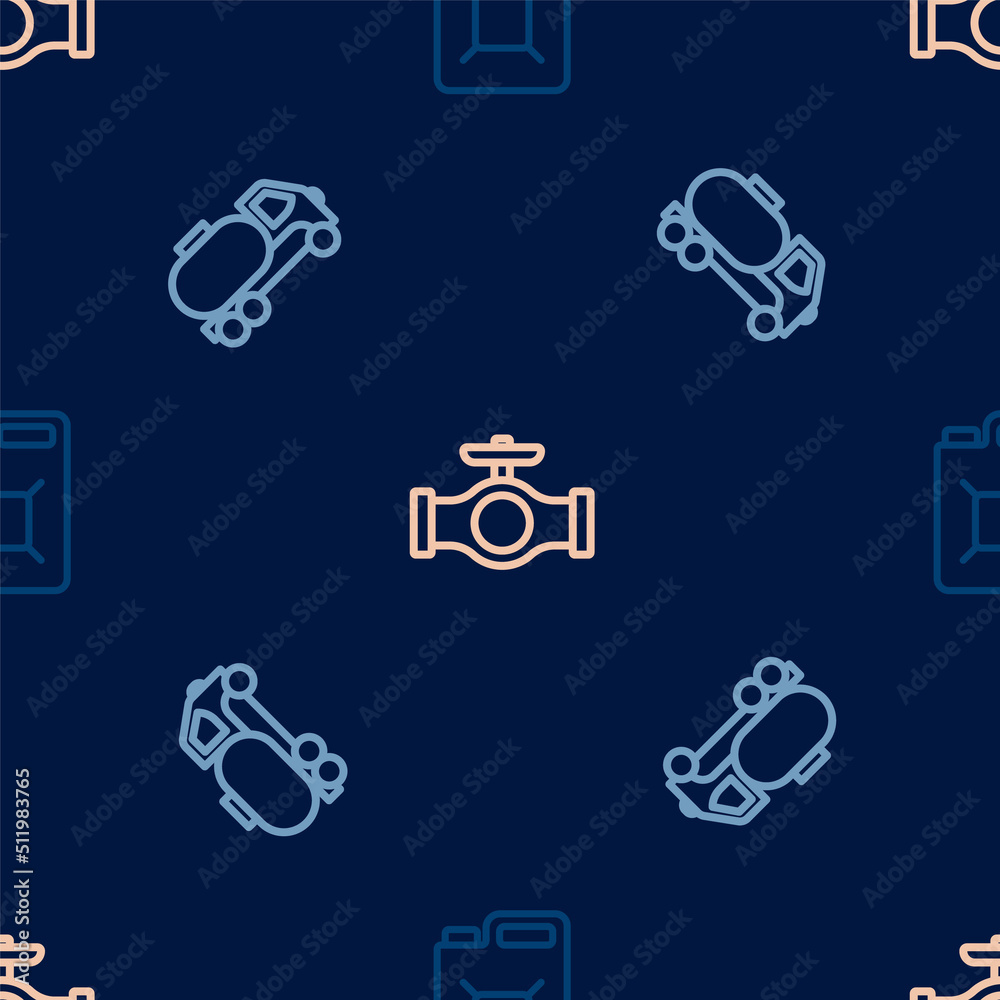 Set line Canister for gasoline, Tanker truck and Oil pipe with valve on seamless pattern. Vector Set line Canister for gasoline, Tanker truck and Oil pipe with valve on seamless pattern. Vector
