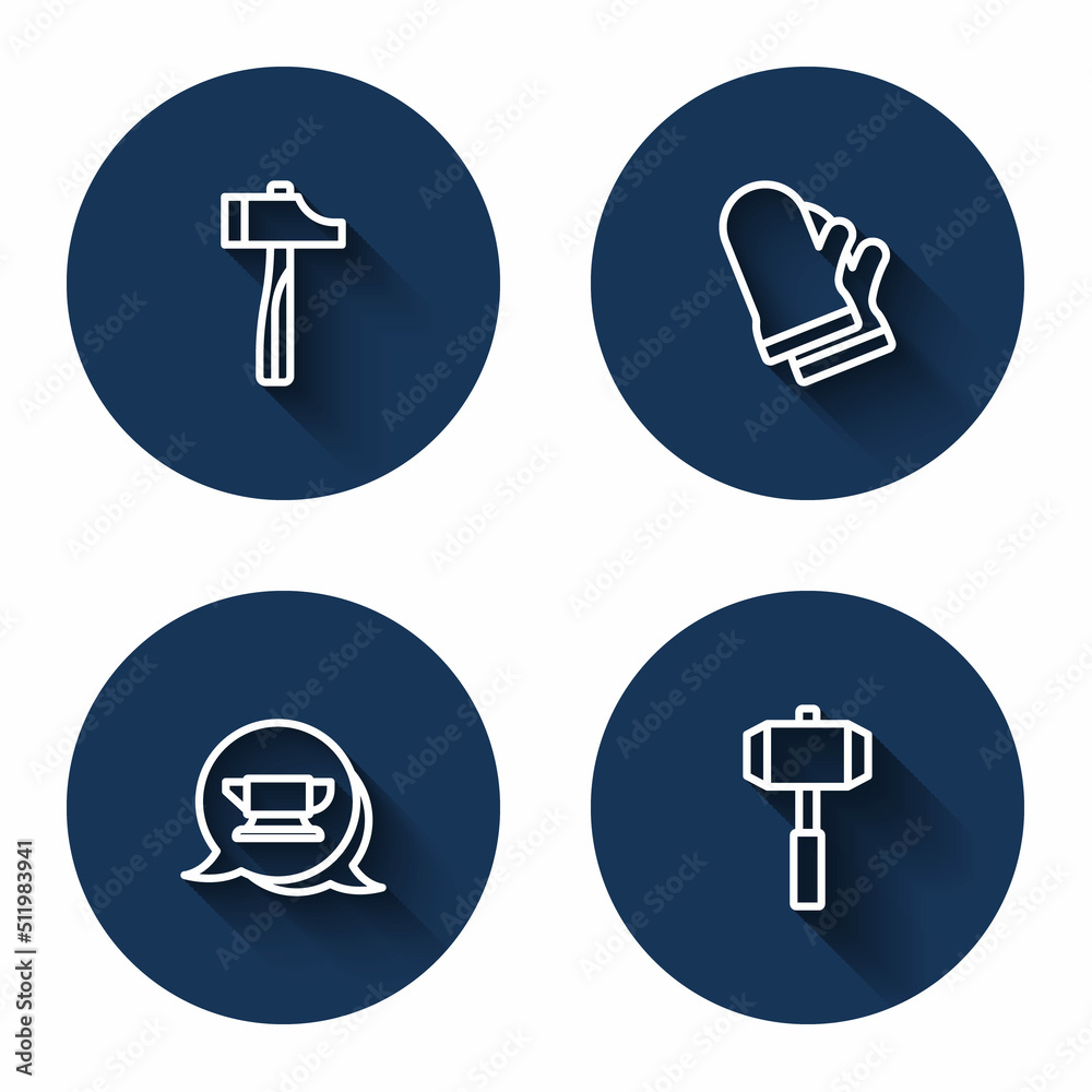Set line Hammer, Protective gloves, Blacksmith anvil tool and Sledgehammer with long shadow. Blue circle button. Vector Set line Hammer, Protective gloves, Blacksmith anvil tool and Sledgehammer with long shadow. Blue circle button. Vector