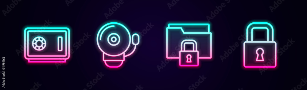 Set line Safe, Ringing alarm bell, Folder and lock and Lock. Glowing neon icon. Vector Set line Safe, Ringing alarm bell, Folder and lock and Lock. Glowing neon icon. Vector