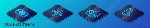 Set Isometric line Fingerprint, Mobile with fingerprint scanner, Security camera and Lock icon. Vector