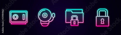 Set line Safe, Ringing alarm bell, Folder and lock and Lock. Glowing neon icon. Vector
