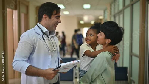 pediatrician hold stethoscope exam child girl patient visit doctor with mother, black pediatrician check heart lungs of kid do pediatric checkup in hospital children medical care concept