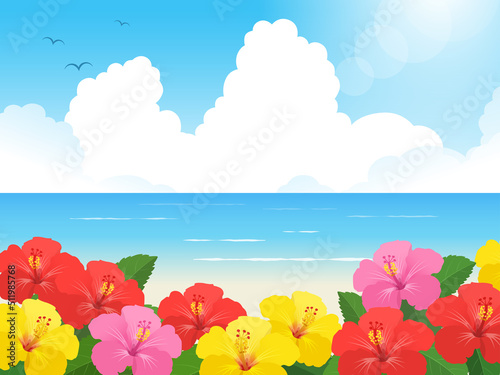 ハイビスカスと海の風景_ベクターイラスト