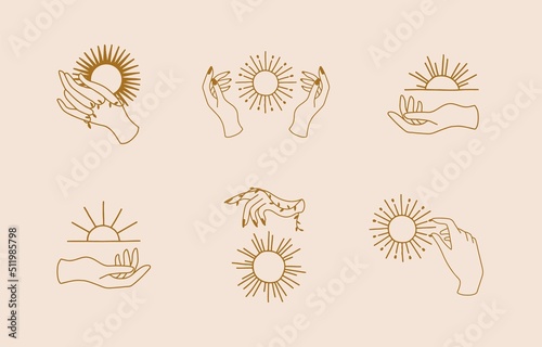Collection of line design with sun,hand.Editable vector illustration for website, sticker, tattoo,icon