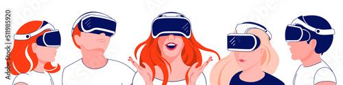 People in vr glasses immerse into Meta universe. Future cyber world technology. Wide banner with young isolated characters on wight background