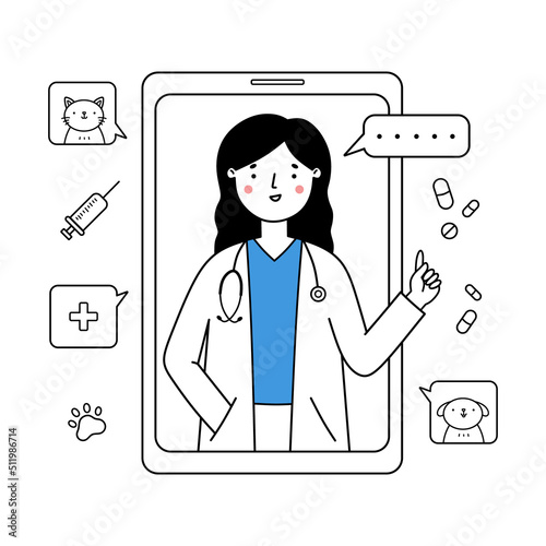 Female veterinarian giving an online consultation. Medical care for pets using a smartphone. Internet call with a doctor in a mobile application. Healthcare service concept. Vector doodle illustration