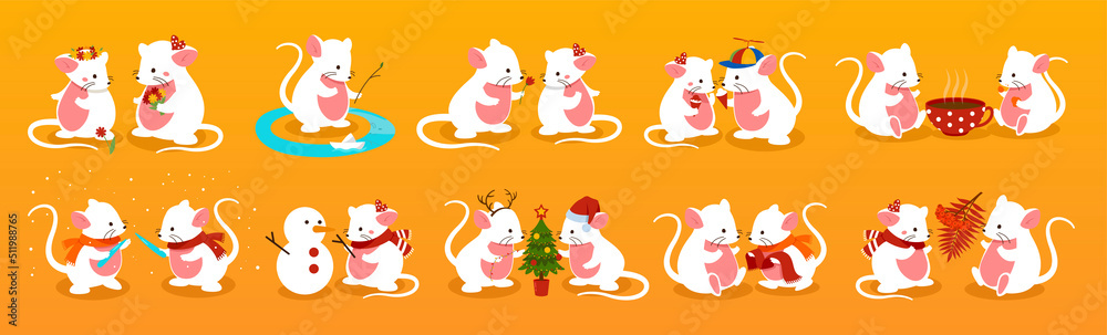 Mouse couple set. Collection of characters on romantic date. White mammals in different life situations. New Year and Christmas. Cartoon flat vector illustrations isolated on orange background