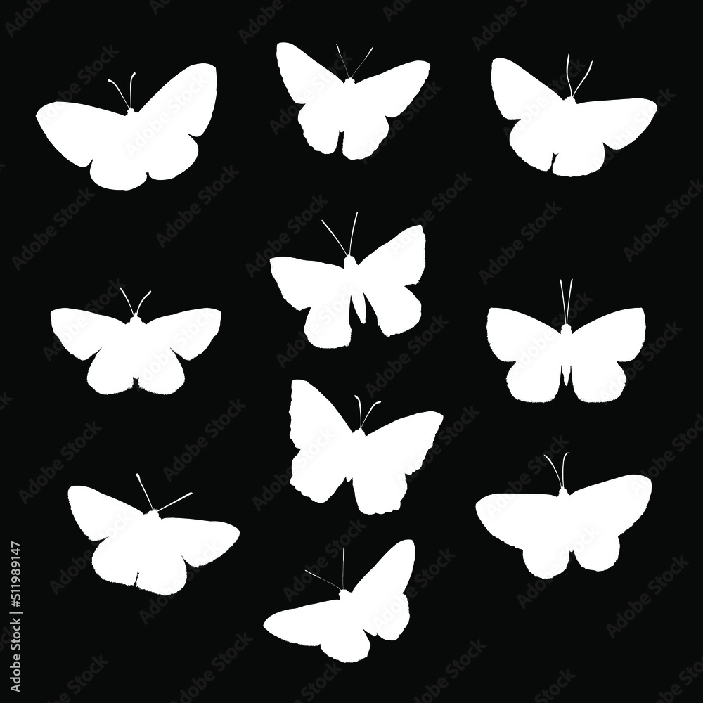 butterfly set silhouette hand drawing vector illustration isolated on black background butterfly set silhouette hand drawing vector illustration isolated on black background