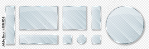Realistic glass plates. Collection of interior elements for bathroom and room. Set of mirrors for boutique, texture for website. Isometric vector illustrations isolated on transparent background