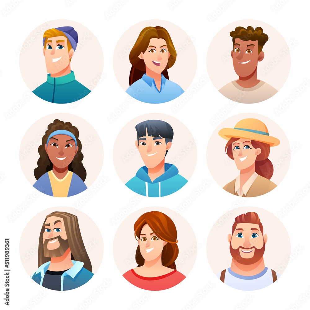 Fototapeta premium Cheerful people avatar characters set. Men and women avatars in cartoon style