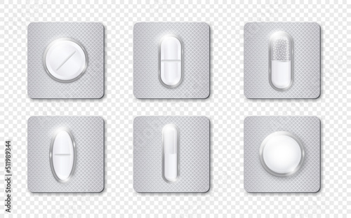 Set of realistic blisters. Collection of pills of different shapes. Health care and treatment. Graphic elements for pharmacy website. Isometric vector illustrations isolated on transparent background