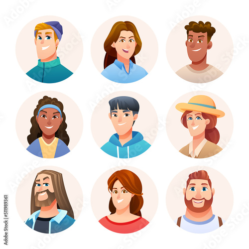 Cheerful people avatar characters set. Men and women avatars in cartoon style