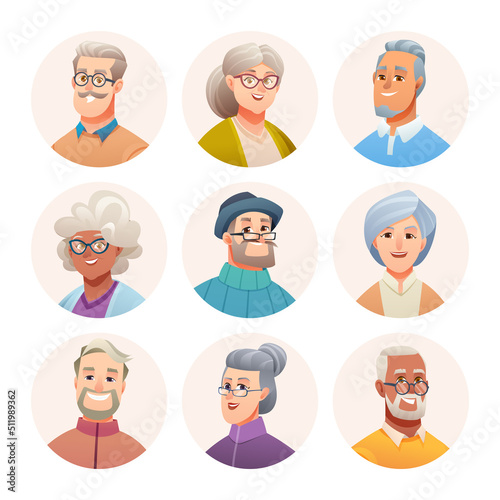 Collection of elderly people avatar characters. Old humans avatars in cartoon style