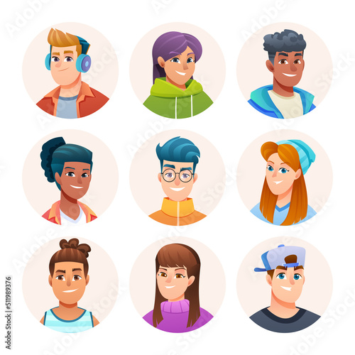 Cheerful teenage avatar characters collection. Boys and girls avatar in cartoon style