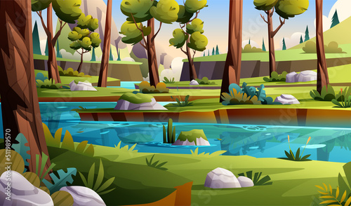 Summer forest with river and mountains landscape background illustration