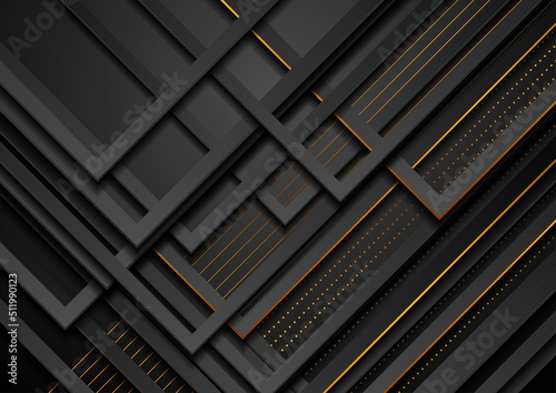 Black stripes and golden lines abstract tech background. Vector design