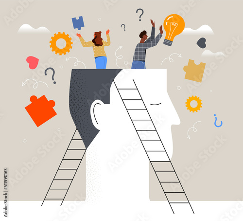 Declutter your mind. Man and girl throws out extra objects from abstract silhouette of head. Creative rubbish and mental health, efficiency for brainstorm and insight. Cartoon flat vector illustration