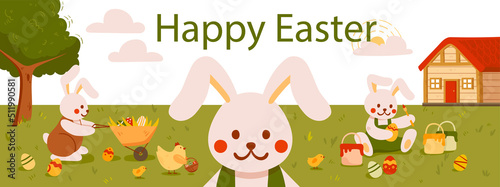 Happy Easter poster. Small and cute rabbits on farm  friendly characters. Website cover  greeting or invitation card design. Religion and traditions  spring holiday. Cartoon flat vector illustration