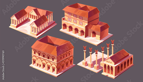 Rome buildings isometric vector icons set. Capitol temple and basilica with square, roman forum, taberna shop or stall and insula, italian city landmark, ancient architecture monuments isolated on