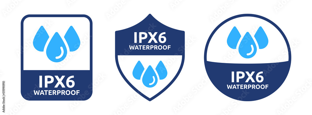 Waterproof ipx6 label set. Vector badge with drop of water in shield symbol illustration. Rainproof standard material protection.