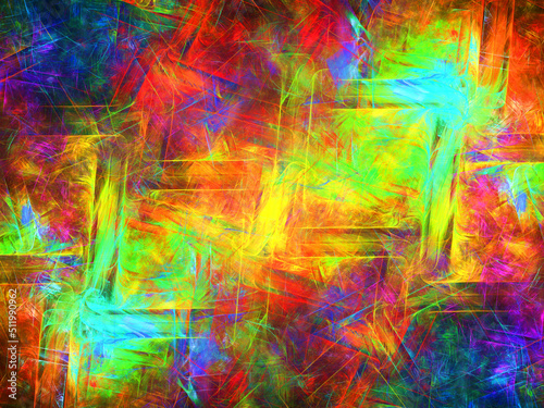 Imagen de arte digital conceptual compuesto de líneas paralelas y perpendiculares cruzadas y rellenas de colores fluorescentes formando una cuadrícula atravesada por rayos luminosos.
