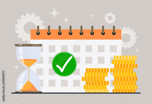 Concept of payment. Financial literacy and agreed payment schedule. Deadline reminder, poster or banner for bank website. Cashless transactions and transfers. Cartoon flat vector illustration