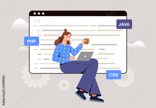 Woman programming with laptop. Girl writes code, modern technology and digital world. Character develops application or page of website, remote employee, freelancer. Cartoon flat vector illustration