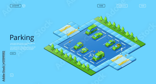 Parking banner with isometric illustration of cars, trees and road signs, with space for disabled person. Vector landing page template of auto parking place with entrance and exit