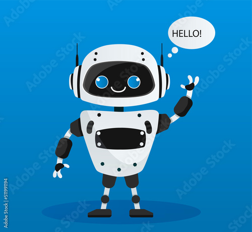 Robot say hello. Modern technologies and artificial intelligence. Bot for website, feedback and answers to frequently asked questions. Innovation and programming. Cartoon flat vector illustration