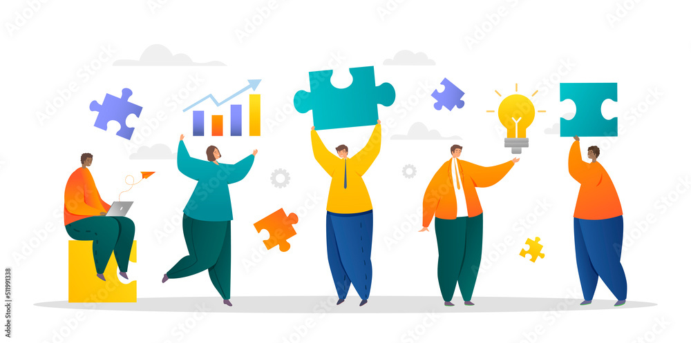 Fototapeta premium Team work concept. Men and women work on same project, creative personalities. Meeting and brainstorming. Employees or colleagues drom analytical department. Cartoon flat vector illustration