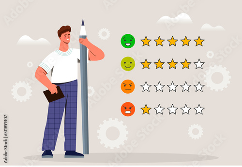 Survey feedback concept. Man with pencil next to various emotions. Opinion of buyers and consumers. Modern marketing on Internet, online collection of information. Cartoon flat vector illustration