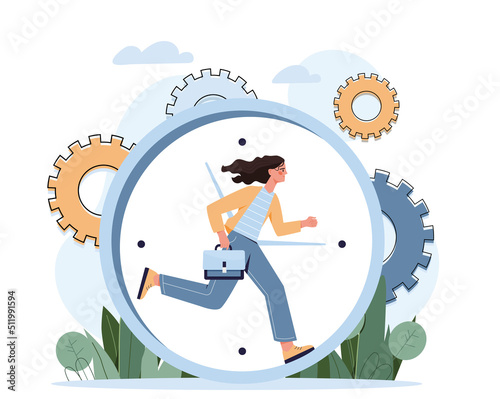 Woman running at watch. Girl with briefcase runs at level of clock. Metaphor of hardworking and responsible employee or entrepreneur. Deadline and time management. Cartoon flat vector illustration