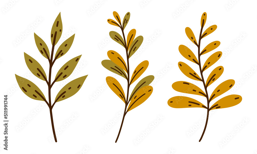 Bright autumn herbs and leaves vector set. Hand drawn sketch of wild forest plants. Field branches with yellow and green leaves. Fall botanical illustration, collection of flat cartoon elements Bright autumn herbs and leaves vector set. Hand drawn sketch of wild forest plants. Field branches with yellow and green leaves. Fall botanical illustration, collection of flat cartoon elements