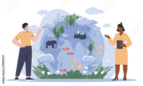 Flora and fauna. Man and girl study planet. Care for nature and environment, reducing waste generation. Ecology and biology lessons, teacher and student, education. Cartoon flat vector illustration
