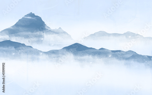 Landscape with mountains, birds and fog in monochrom painted in watercolor, distant mountains layers range in morning mist. Meditation and zen landscape.