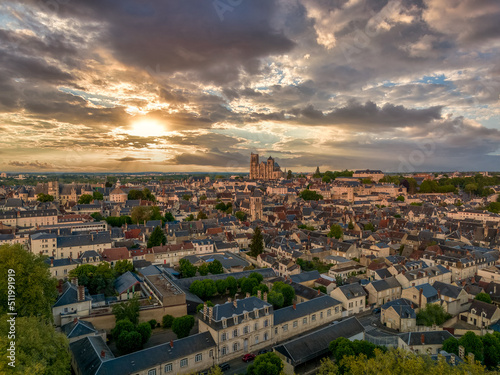 Aerial view of the medieval city of Bourges in Central France with Gothic masterpiece St. Etienne cathedral during sunset