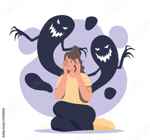Concept of schizophrenia. Girl sits and looks at ghosts at her back, holding her head in panic in her hands. Fear and feelings. Depression and mental disorders. Cartoon flat vector illustration