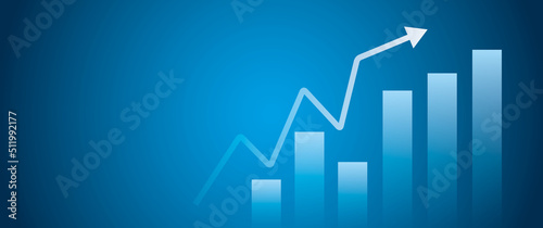 Arrow rising up with bar graph on dark blue background. illustration of growth business success or goal development, financial investment profit graph and leadership motivation strategy achievement.
