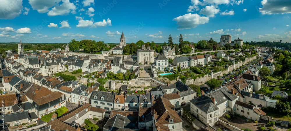 Aerial panorama view of Loches in Indre-et-Loire in the Loire Valley in France with massive Norman keep with double enclosure, semi circular towers, Renaissance palace, multiple medieval gates