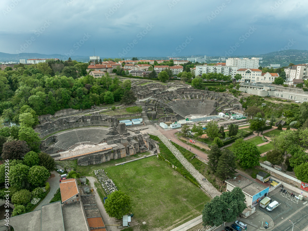 Aerial view of Lugdunum, formerly known as the Gallo-Roman Museum of Lyon, with two amphitheaters on a hilltop  