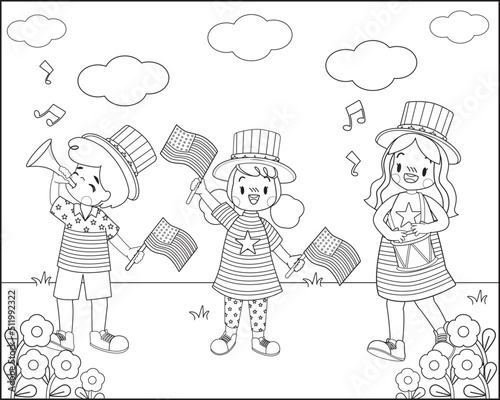 Children's coloring book celebrating Independence Day in the USA.