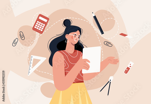 Teachers day poster. Girl evaluates work of students, person with notebook and pencil. Education and training, international holidays. Woman at school or university. Cartoon flat vector illustration
