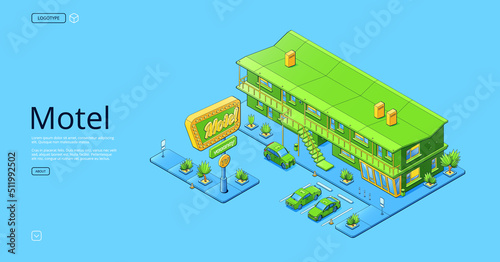 Motel poster with isometric small hotel building exterior with parking. Vector banner of apartment house or accommodation rooms on road or highway with billboard and staircase
