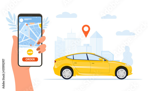 Car sharing concept. Character with smartphone pays for opportunity to use vehicle. Modern technologies and comfortable service.