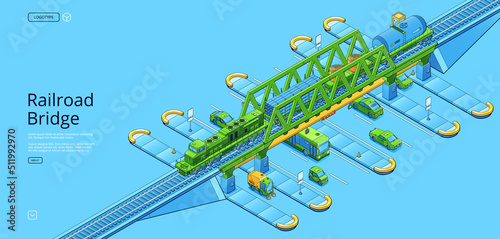 Railroad bridge banner with isometric cargo train with locomotive, tanks and platforms on viaduct over highway with cars, bus and sweeper. Vector poster of railway overpass