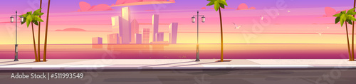 Sunset city skyline architecture near the bay waterfront. Modern megalopolis with palm trees, skyscrapers reflecting in water surface under pink sky panoramic background, Cartoon vector illustration