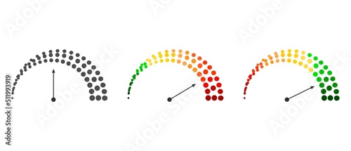 Meter scale with arrow. The measuring device icons set. Sign tachometer, speedometer, indicators. Illustration in flat style. Infographic gauge elements