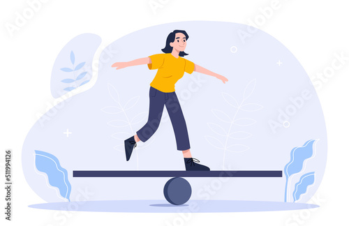 Stability in life concept. Girl walks along thin stick standing on roller. Metaphor of mental health and strong psychology. Self confident character passes test.. Cartoon flat vector illustration