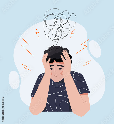 Guy in stress. Boy put his head in his hands, depression and frustration. Mental health and psychological problems, loneliness and confusion, difficulties in life. Cartoon flat vector illustration