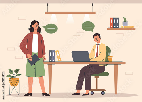 Business communication concept. Man and girl in office discussing joint project. Boss and subordinate or colleagues. Efficient workflow and employees on workplace. Cartoon flat vector illustration